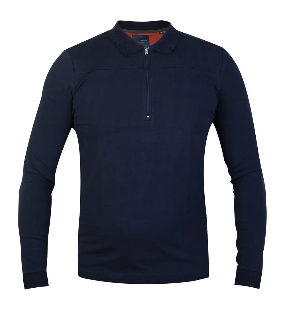 Guide London Navy Solid Jersey Knit Front Zip Long Sleeve Polo/3409